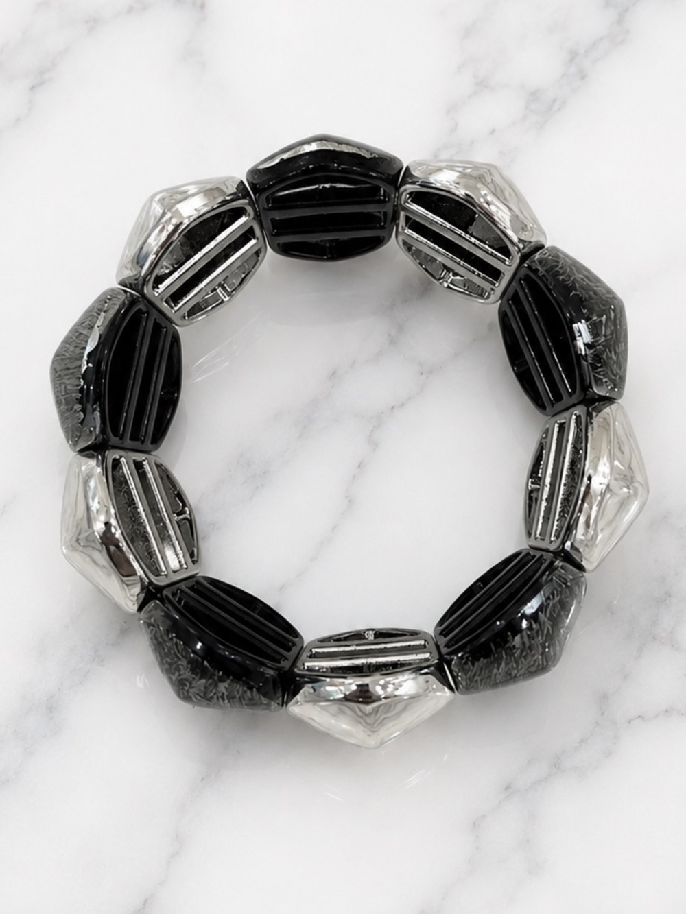 Black & Silver Stretch Statement Wide Bracelet Chunky Silver Tone & Marbled - Picture 3 of 6